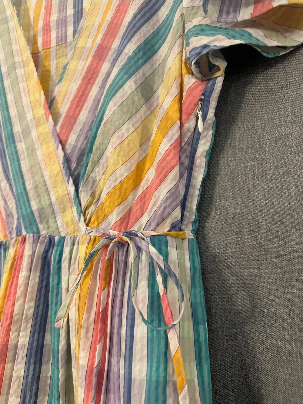 Women’s 100% Cotton Multicolor Stripe Tiered Faux Wrap Dress